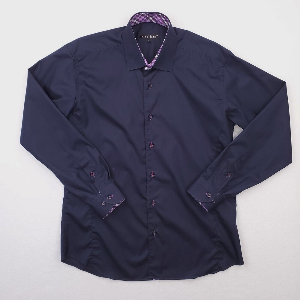 Jared‎ Lang Shirt Mens Large Blue Purple Button Up Flip Cuff Contrasting Trim
